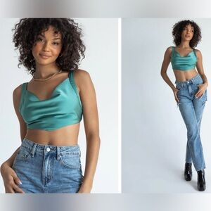 NWT-Princes Polly Satin Turquoise Cowl Neck Top Size 2